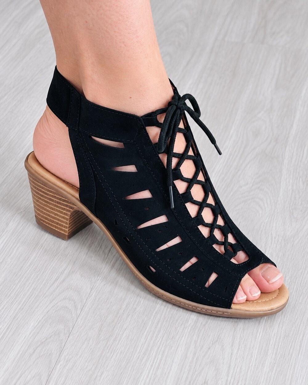 earth kristen women’s black leather cutout lace-up sandals size 9 wide